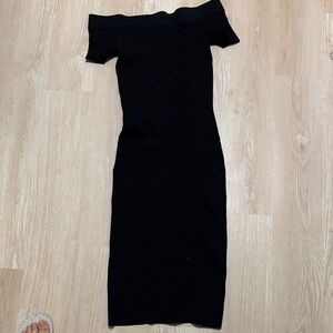 Off-Shoulder Black Button-Front Midi Dress